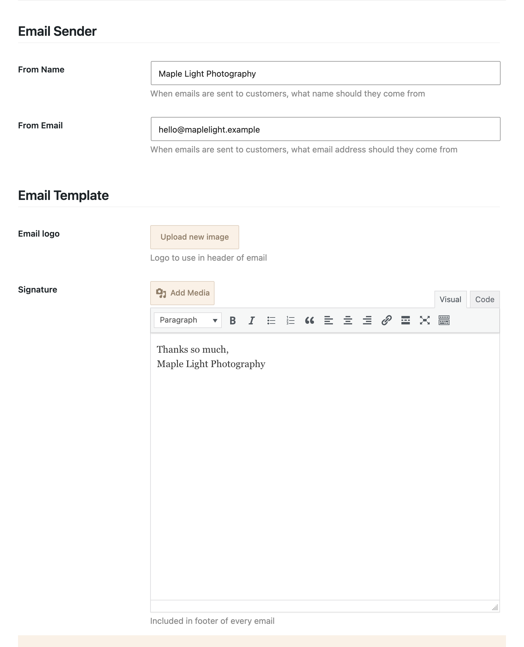 The From Name, From Email, Email logo and Signature settings