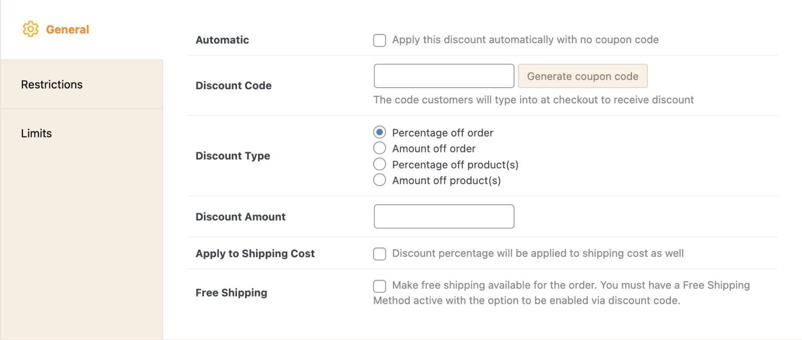 Discount code options in admin